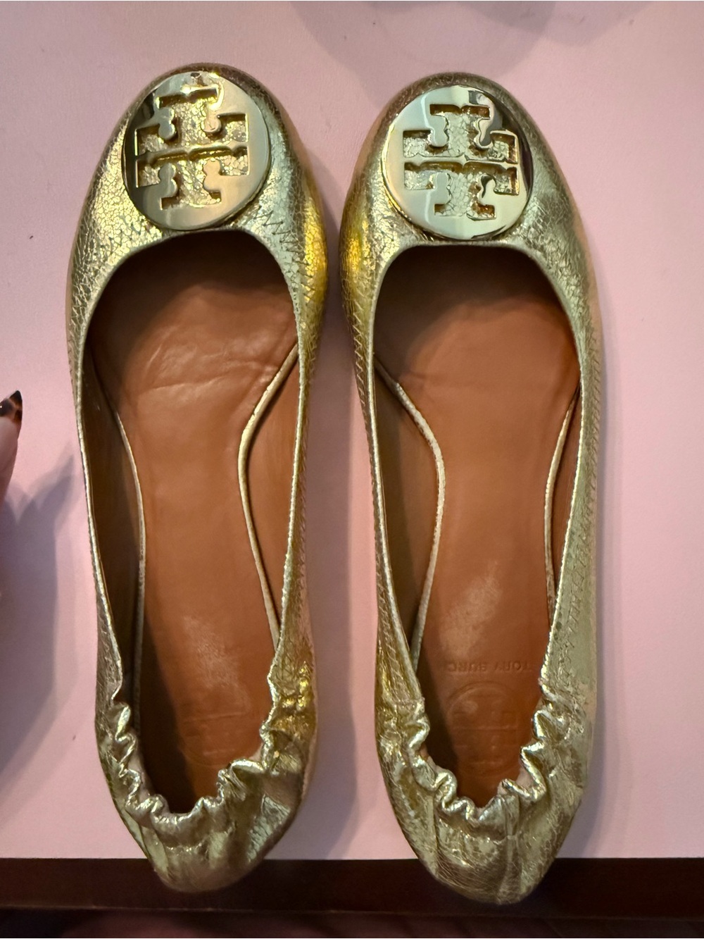 Tory Burch Gold Leather Logo Ballet Flats